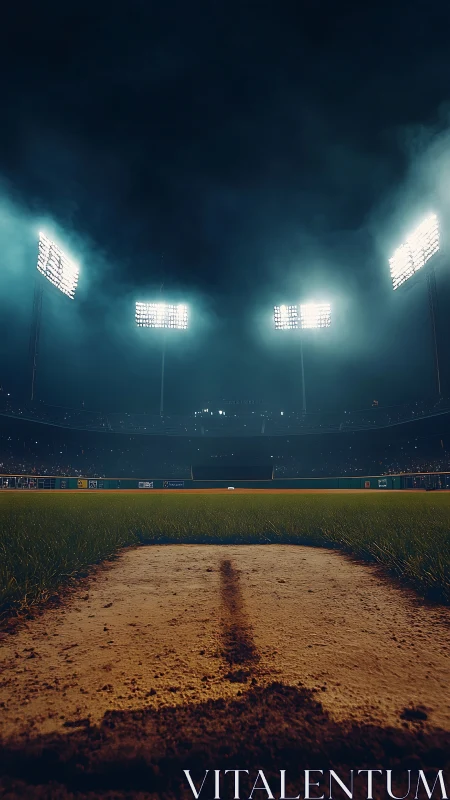 Nighttime baseball field under stadium floodlights viewed low.