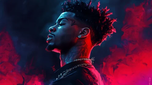 Chromatic side-profile portrait in neon vaporwave gradients.