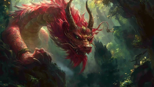 Gentle forest dragon winding through sunlit emerald mist.