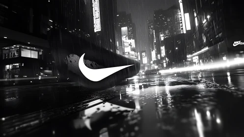 Nike swoosh in rainy neon city street at night scene.