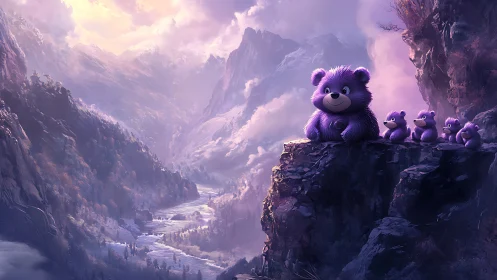 Purple plush bears overlook misty fantasy mountain valley.