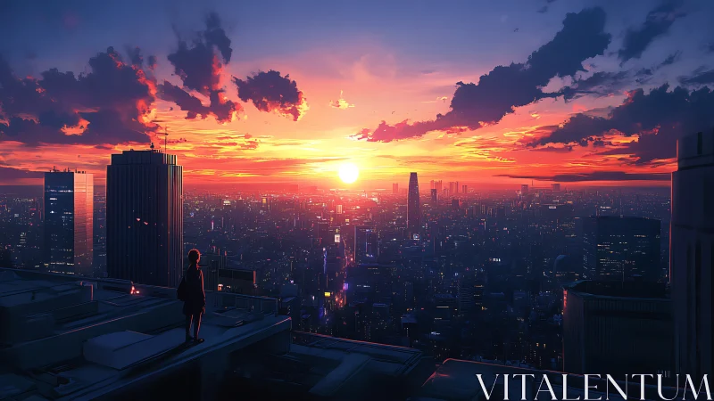 Sunset-illuminated megacity skyline with rooftop observer silhouette.