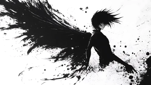 Silhouetted ink-winged figure dissolves into splatter motion