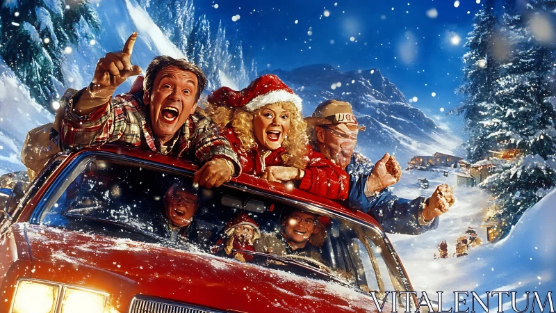 Family in red car on snowy mountain road during winter.