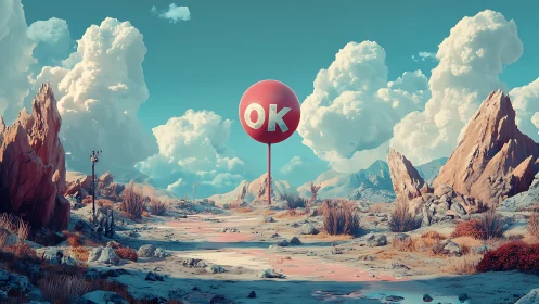 Red OK sphere over surreal rocky desert landscape.