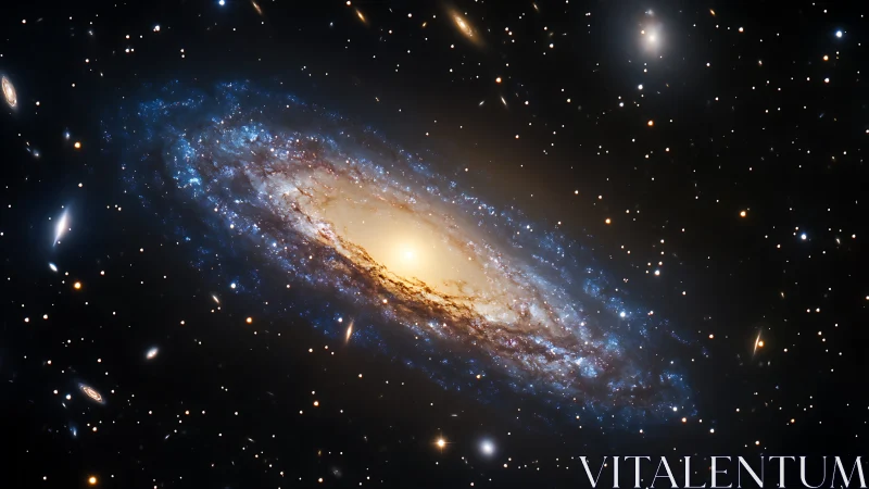 Spiral galaxy core glows amid dense starfield expanse