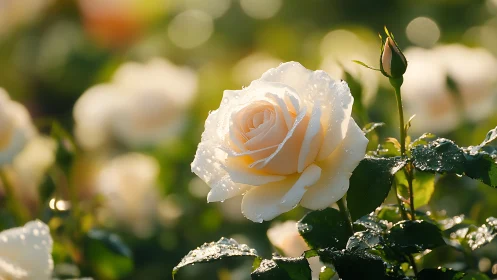 Soft Peach Rose Glistens with Morning Dew