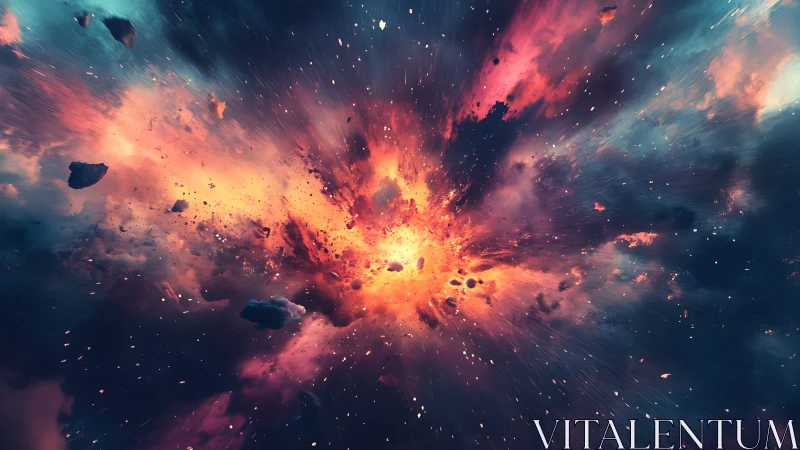 Cosmic nebula explosion with radiating debris field.