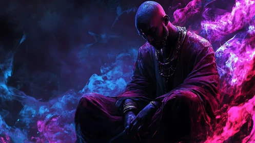 Mystic figure resting in glowing pink and blue dreamscape.