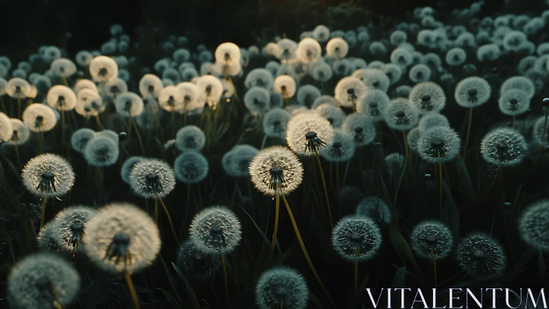 Backlit dandelion seed heads demonstrate complex radial geometry and translucent filament structures