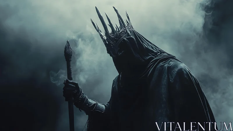 Hooded armored figure with spiked crown stands in dense fog