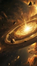 Glowing cosmic vortex swirling with golden stardust and light.