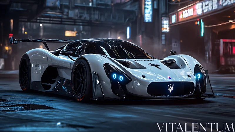 White hypercar in neon lit urban street at night scene.