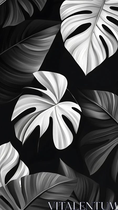 Monstera leaves rendered in monochrome digital illustration