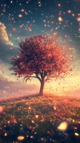 Solitary blossom tree glows over meadow under swirling petals