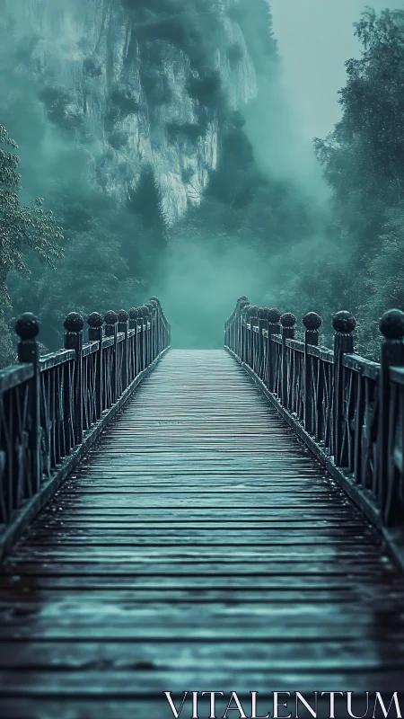 Linear perspective bridge receding into dense turquoise atmospheric fog