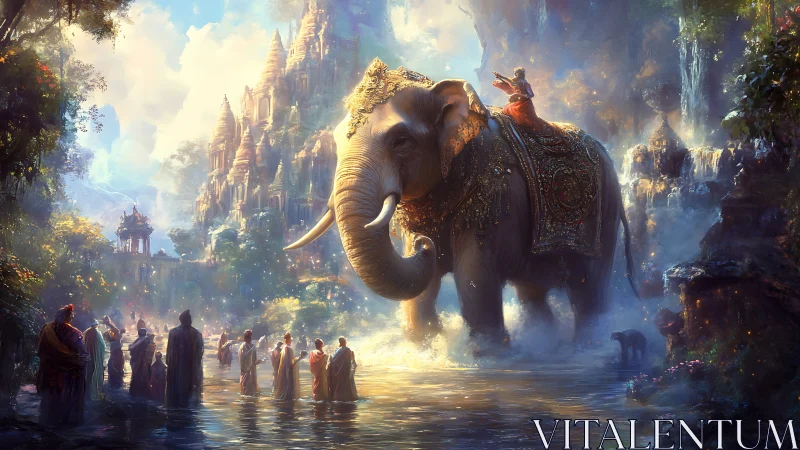 Golden elephant procession crossing a misty temple river.