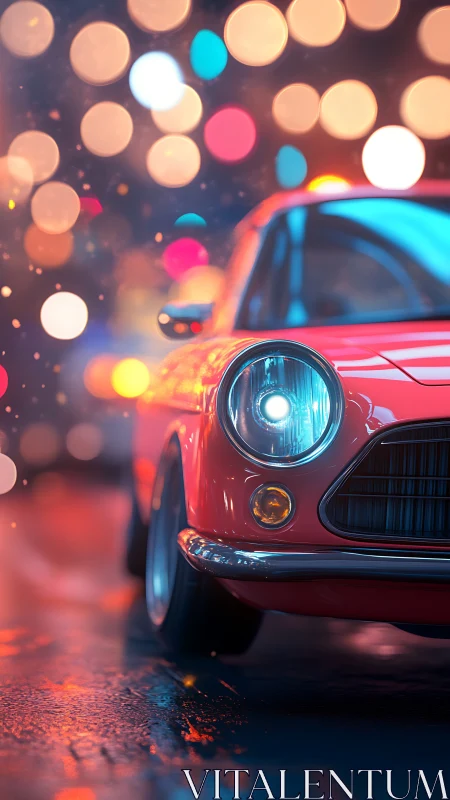 Neon raindrops crown a crimson city cruiser in motion