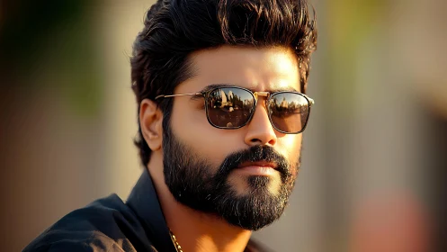 Stylish bearded man wearing sunglasses in warm sunlight.