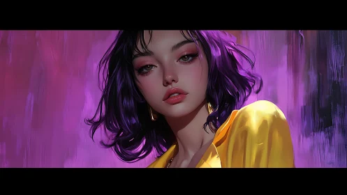 Digital portrait of woman with violet hair on magenta backdrop.
