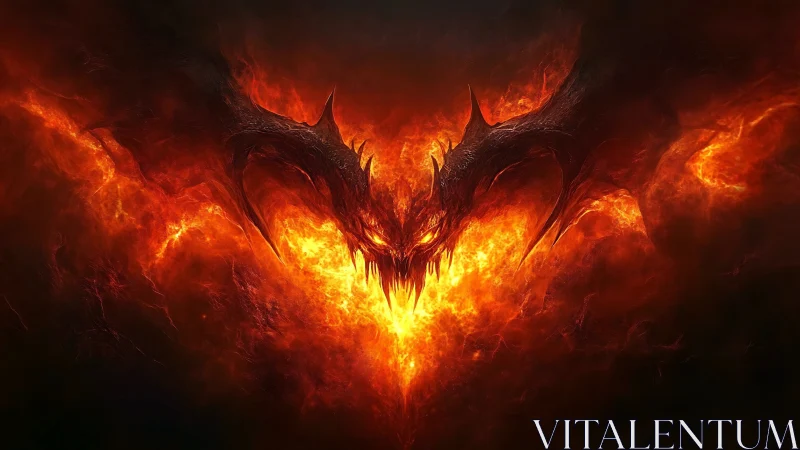 Flame-defined demonic dragon head emerges from dark void