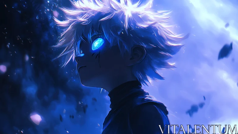 Blue-lit anime boy with glowing eyes in cosmic storm.