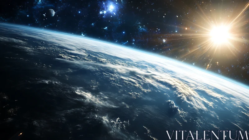 Sunlit Earth horizon from space with glowing starfield.