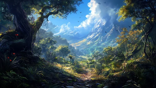 Mountain Valley Fantasy Landscape with Enchanted Forest Path