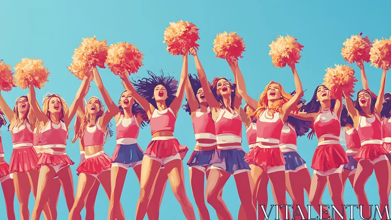 Cheer squad celebrates under vivid summer stadium sky.
