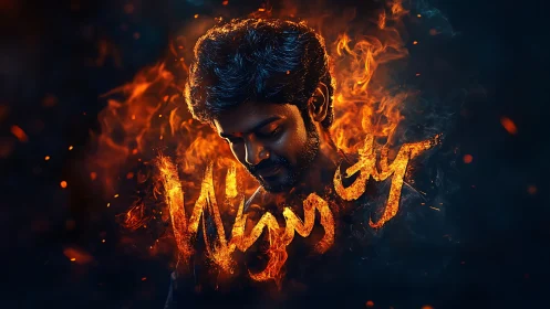 Fiery portrait of man with glowing flame typography.