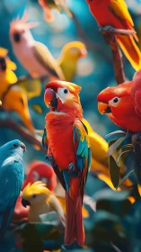 Tropical gossip choir of neon parrots in sunlit jungle.