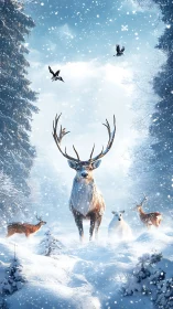 Majestic stag leads winter wildlife through luminous snowfall