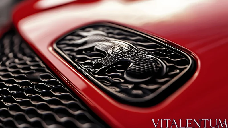 Close-up of luxury car grille with shiny animal emblem, modern style.