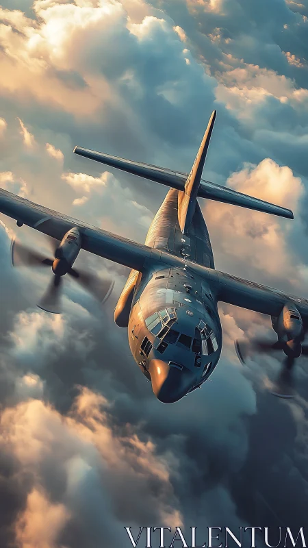 Sturdy transport plane gliding through glowing sunset clouds.