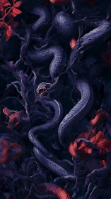 Coiled serpent weaves through dark roots and red blossoms