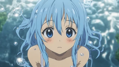 Blue-haired anime girl rendered underwater with luminous bubbles