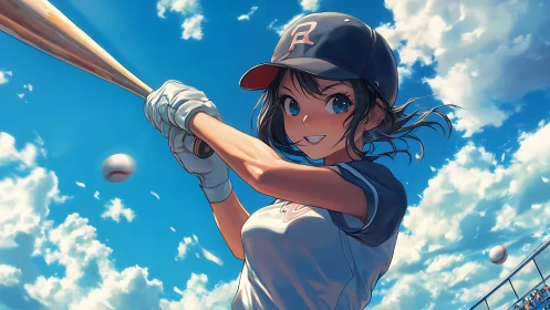 Anime style batter preparing swing under bright sky.