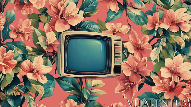 Retro television rests in lush coral floral pattern background.
