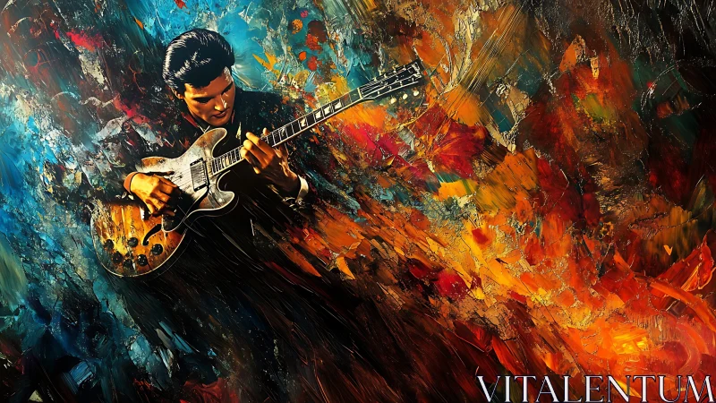 Guitarist bends electric solo amid swirling fiery colors
