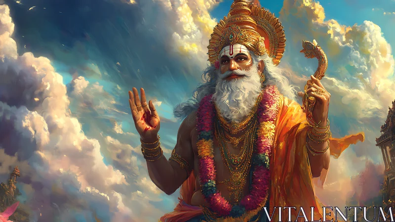 Radiant sky deity in golden robes offering gentle blessing.