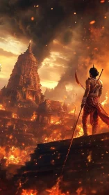 Warrior overlooks burning ancient temple city at dusk.