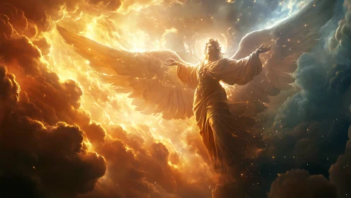 Radiant seraph ascends through blazing celestial stormscape.