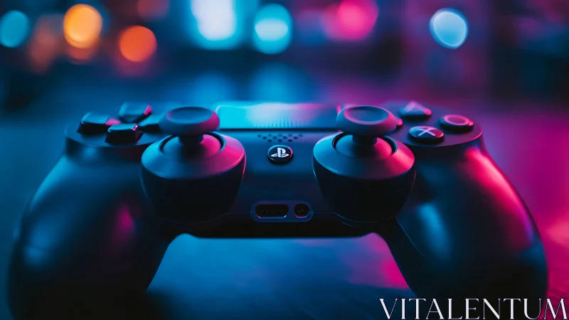 PlayStation 5 DualSense controller illuminated by neon blue and magenta lights.