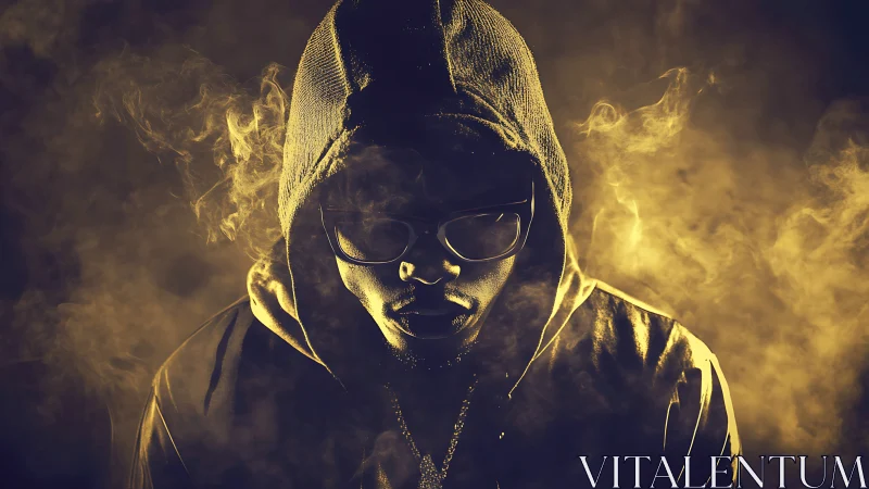 Smoke crowned silhouette of hooded figure in ember light.