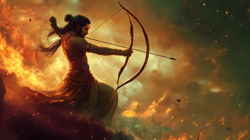 Archer in profile amid firelit sky with drawn bow poised.