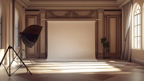 Studio backdrop staged in neoclassical hall with soft key light