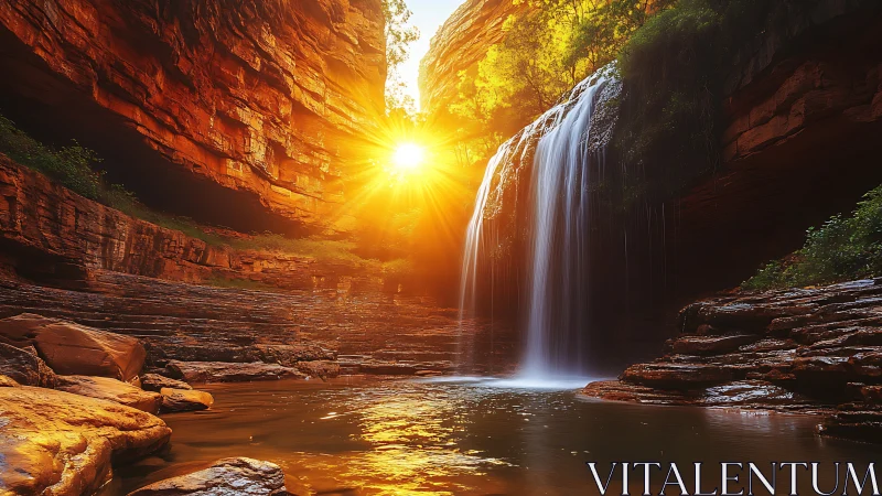 Sunlit canyon waterfall over layered red rock pool.