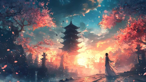 Sunset paints a dreamy temple garden in gentle, glowing light