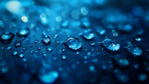 Glistening water droplets glow across a deep blue surface