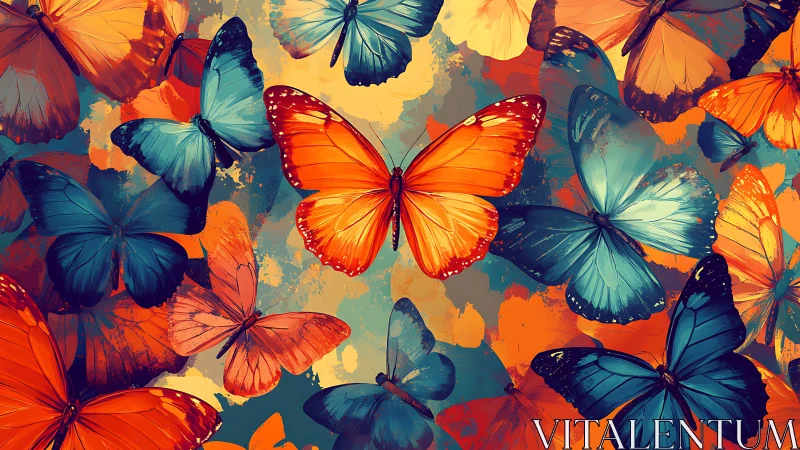 Chromatic vector swarm of orange and cyan butterflies in motion.